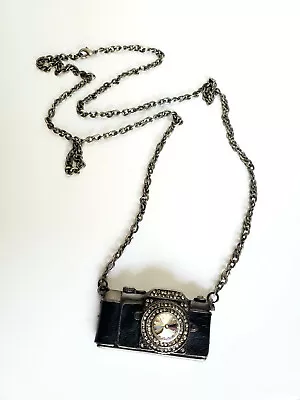 Vintage Black Camera Crystal Rhinestone Long Chain Pendant Necklace • $39.99