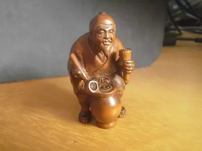 2b. Hand Carved Boxwood Netsuke Man Sells Drink From A Barrel Collectable Figure • £24.99