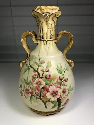 Antique Ernst Wahliss Turn Vienna Porcelain Double Handle Vase Cherry Blossoms • $65