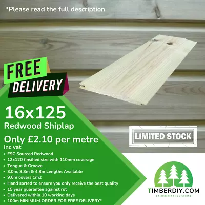 SHIPLAP TIMBER CLADDING 16x125 TREATED WOOD TONGUE & GROOVE FREE DELIVERY LOGLAP • £2.10