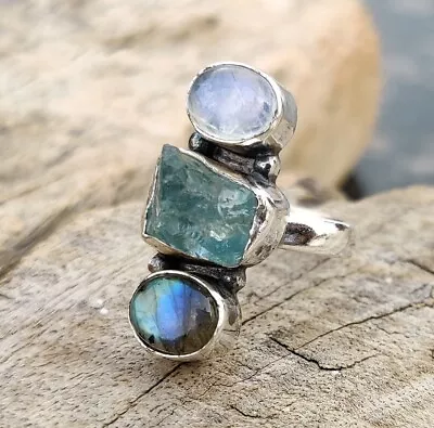 Aquamarine Labradorite & Moonstone Ring 925 Sterling Silver All Size MO579 • $14.45