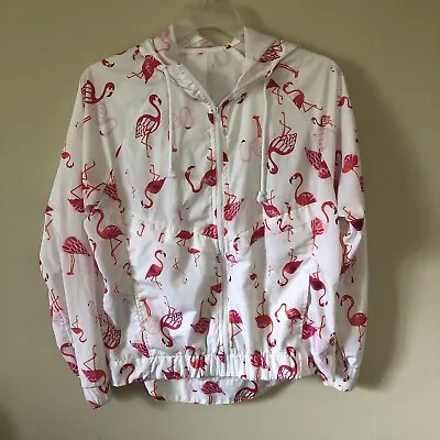 UNIONBAY White W/ Pink FLAMINGO Print Packable Windbreaker Rain Jacket Sz M • $13.95