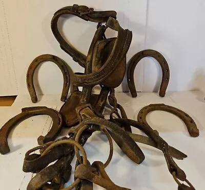 Vintage Rustic Old Leather Horse/Mule Bridle & 4 Horse Shoes Previously Owned  • $8.60