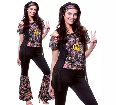 Ladies GROOVY HIPPIE Fancy Dress Flower Power 60s Hippy Lady Costume 1970s Oufit • £17.45