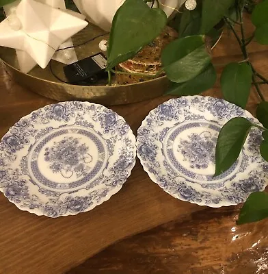 $31 • Buy 2 Vtg Arcopal Salad Plates Honorine Milk Glass Blue Flowers Roses Made In France