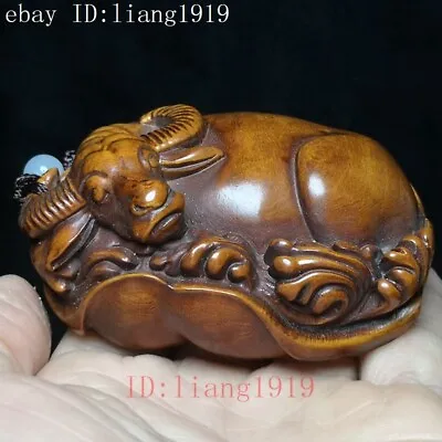 £30 • Buy 3.1   Old Chinese Boxwood Hand Carved Lotus Leaf Bull Ox Statue Table Decoration