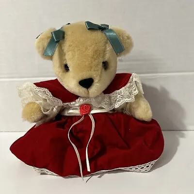 Vintage ANCO Christmas Bear In Red White Dress W/ Rose Plush Stuffed Animal 8” • $12.75