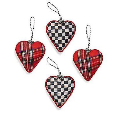 MacKenzie Childs FOUR* TARTASTIC HEARTS Courtly Check Ornaments Double-sided NEW • $44