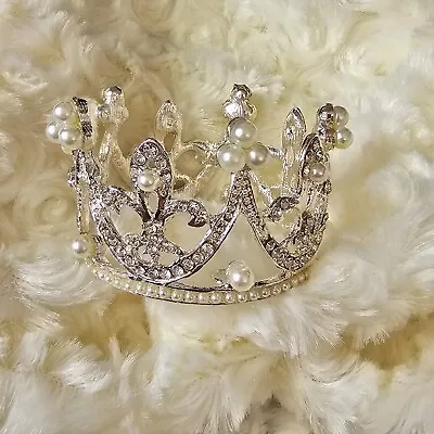 Mini Pearl Silver Crown Bridal Tiara Pageant Prom Princess Fleur De Lis • $28.99