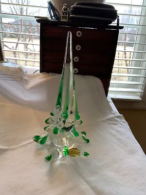 Vtg MURANO Clear Green Tipped Crystal Art Glass Italy Xmas Tree 8” #2 • $75