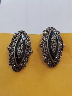 Sterling Silver Black Onyx Marcasite Deco Style Ladies Stud Earrings • $14.99