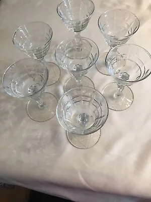 7 Elegant Vintage 4 3/4” Criss Cross Glass Cordial Glasses Hexagon Cut 3” Diam • $21