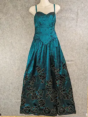 Vtg 80s Alyce Designs Dress Women 10 Green Taffeta Black Velvet Drop V Waist • $74.88