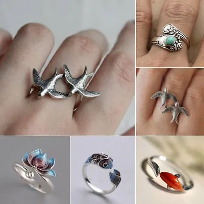 $1.44 • Buy Boho Silver Plated Carp Lotus Flying Pigeons Rings Finger Women Men Jewelry Gift