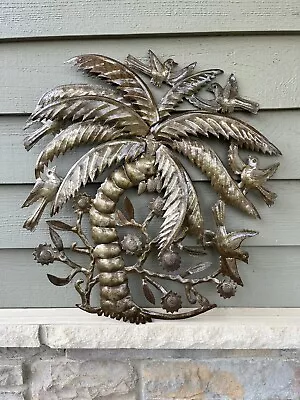 Handcrafted Metal Haitian Folk Art Steel Wall Decor Tree Birds Large Signed 24  • $69.99