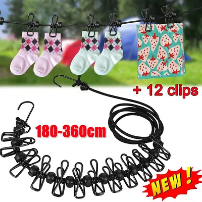 £5.90 • Buy NEW 360cm Outdoor Elastic Clothesline With 12 Clips Travel Camping Home Portable