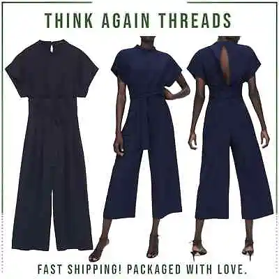 Zara Navy Blue Paperbag Belted Office Casual Minimalist Jumpsuit Size Medium • $22.99