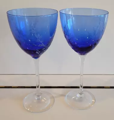 2 Mikasa Cobalt Blue Fluted Wine Goblets Raised Leaves 8.25 Inches Holds 8 Ozs • $44