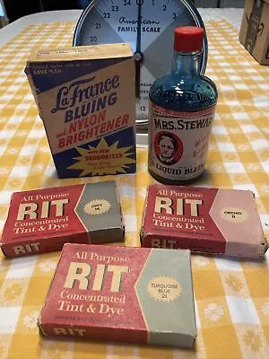 Vtg Lot MRS. STEWART'S Liquid Bluing Bottle RIT Fabric Dyes & LaFrance Bluing • $10