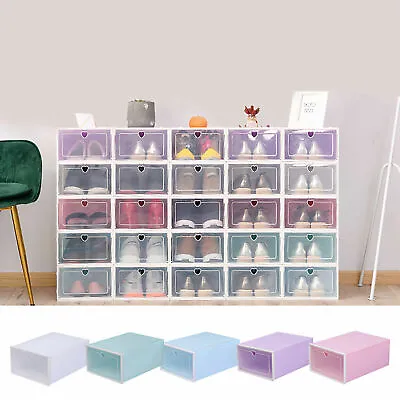 20pcs Clear Shoe Box Storage Organizer Plastic Stackable Foldable Wardrobe Case • £23