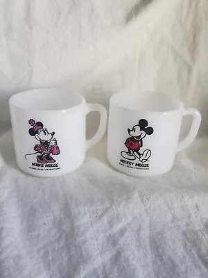 2 Vintage Mickey & Minnie Mouse Milk Glass Mug Federal Glasses Walt Disney Prd.  • $16