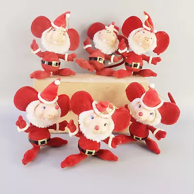 Vtg Red Flocked Mice Ornaments Set Of 6 Long Nose Santa Hat Beard Christmas MCM • $25