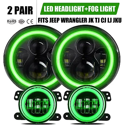 $116.88 • Buy 2x 7  LED Headlights Green Halo DRL 4  LED Fog Lights Combo For Jeep Wrangler JK