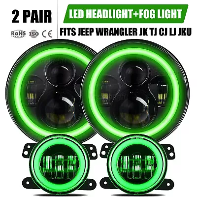 $116.88 • Buy 2x 7  LED Headlights Green Halo DRL 4  LED Fog Lights Combo For Jeep Wrangler JK