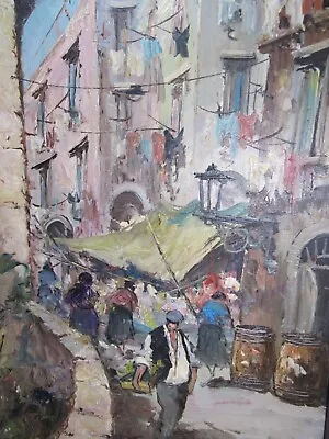 Lovely Mid 20th Century European Impressionist Street Scene Oil Canvas 27  X 20  • $139.95