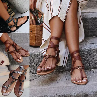 Lady Womens Gladiator Sandals Flat Ankle Strappy Fashion Flip Flops Shoes Comfy✅ • $21.83