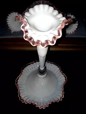 VNTG L.G.Wright☆FENTON Rose Crest Milkglass Glass Epergne☆5 Pc☆HUGE 17  Display • $495