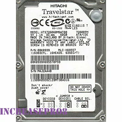 HITACHI 60GB HTS726060M9AT00 7200 RPM IDE 8MB 2.5  Laptop HDD Hard Disk Drive • £12.47