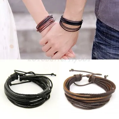 Mens Boys Handmade  Casual Leather Braided Surfer Wristband Bracelet Wrap NEW • £1.79