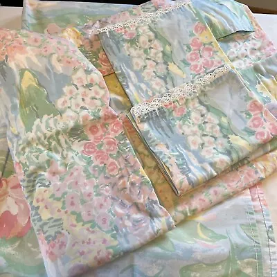 Vtg Westpoint Stevens Full Sheet Set Water Lilies Pastels USA Monet Eyelet Trim • $28