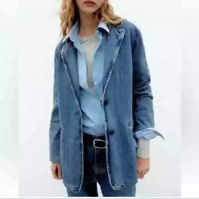 ZARA TRF Oversized Boyfriend Denim Blazer Jacket Women's Size M • £80.99