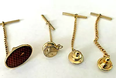 Vintage Men's Tie Tack With Chain Lot Of 4 Gold Tone Brown Glass Oval Tiny Ball • $20.39