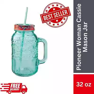Pioneer Drinking Glass Woman Cassie 32 Oz Teal Glass Mason Jar USA FREE SHIPPING • $9.35