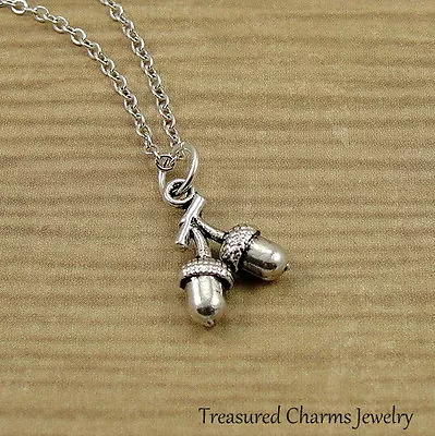 $13.95 • Buy Silver Acorns On Branch Necklace - Autumn Fall Nature Nut Charm Pendant NEW