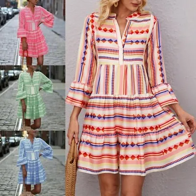 Women's Aztec Printed V-Neck Smock Dress Ladies Summer Holiday Swing Mini Dress • £14.99