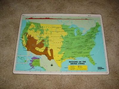 2 VINTAGE 1980s 23  X 17.5  LAMINATED 2 SIDED MAP REGIONS OF THE US + WORLD  • $9.99