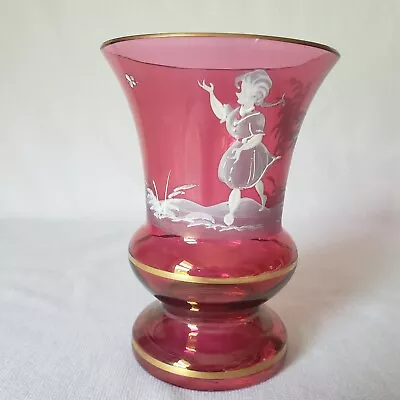 Mary Gregory Cranberry Glass Vase Girl Butterfly Made In West Germany Sticker 5  • $34.95