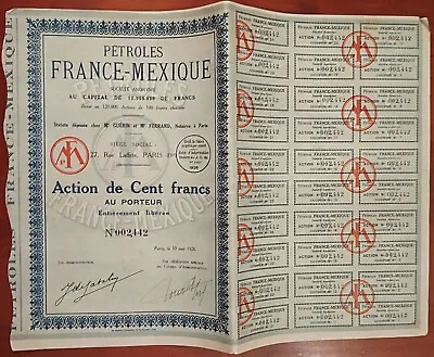 Mexico 1926 Petroles France Mexique 100 Francs Coupons Bond Loan Share Action • $12