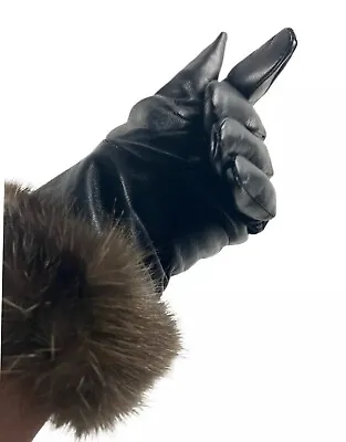 Black Leather Real Rabbit Fur Cuff Trim Gloves Women's Size Large Preowned • $27.80