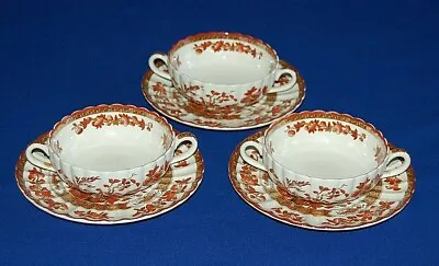 Spode Indian Tree Rust Red Set 3 Soup Bowls & Stands Soup Coupes. 1st Quality.  • £24.99