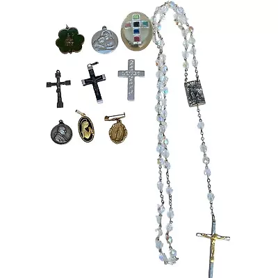 Vintage Lot Crucifix Rosary Crystal Beads Religious Medallions Medals Catholic • $2.50