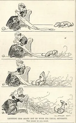 Dachshund Cartoon - Vintage 1915 - WOMAN KNITTING - Dog Tangled Up - HUMOR • $9.95