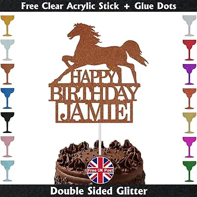 Custom Horse Theme Birthday Glitter Cake Topper Decoration Any Name Party Design • £3.79