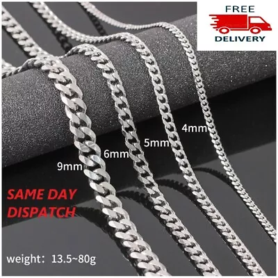 Mens Boys Curb Chain 18 -26  4mm - 9mm Stainless Steel Silver Cuban Necklace UK • £4.96