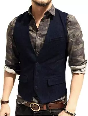 Men's Tweed Vest Vintage Cowboy Herringbone Groom Waistcoat Worwear Vest DID • $32.89