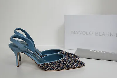 Sz 7.5 / 37.5 Manolo Blahnik Carolyne Tweed Blue Pointy Toe Slingback Pump Shoes • $475